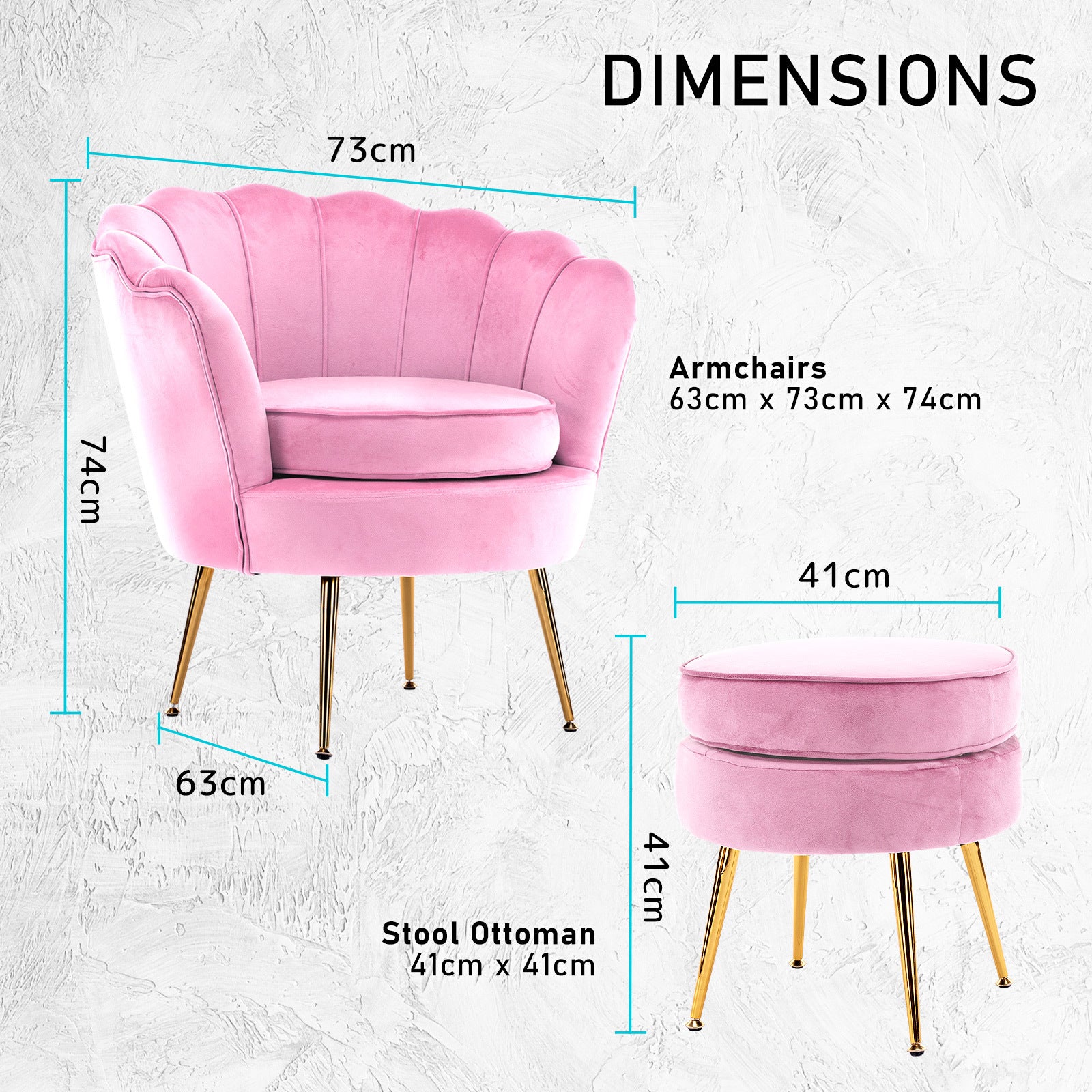 Armchair Lounge Chair Accent Velvet Shell Scallop + Round Ottoman Footstool PINK Big Bedding Australia
