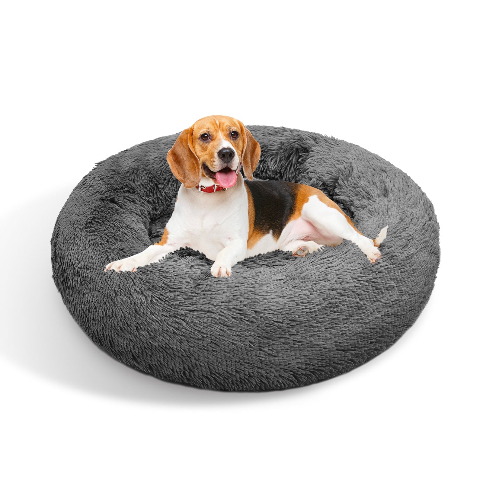 Dog Pet Cat Calming Bed Warm Plush Round Nest Comfy Sleeping Bed Dark Grey 70cm Big Bedding Australia