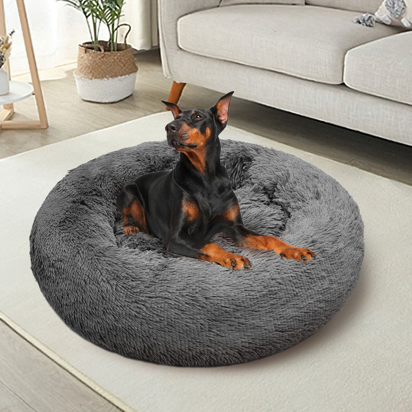 Dog Pet Cat Calming Bed Warm Plush Round Nest Comfy Sleeping Bed Dark Grey 70cm Big Bedding Australia