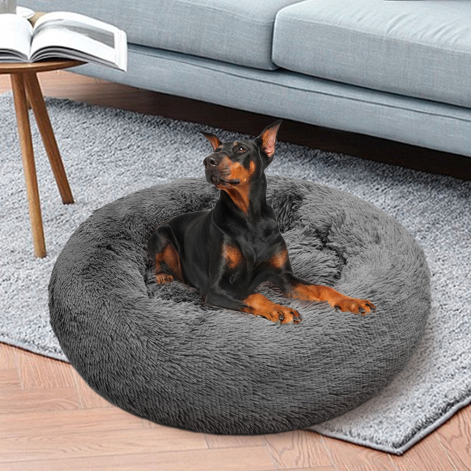 Dog Pet Cat Calming Bed Warm Plush Round Nest Comfy Sleeping Bed Dark Grey 70cm Big Bedding Australia