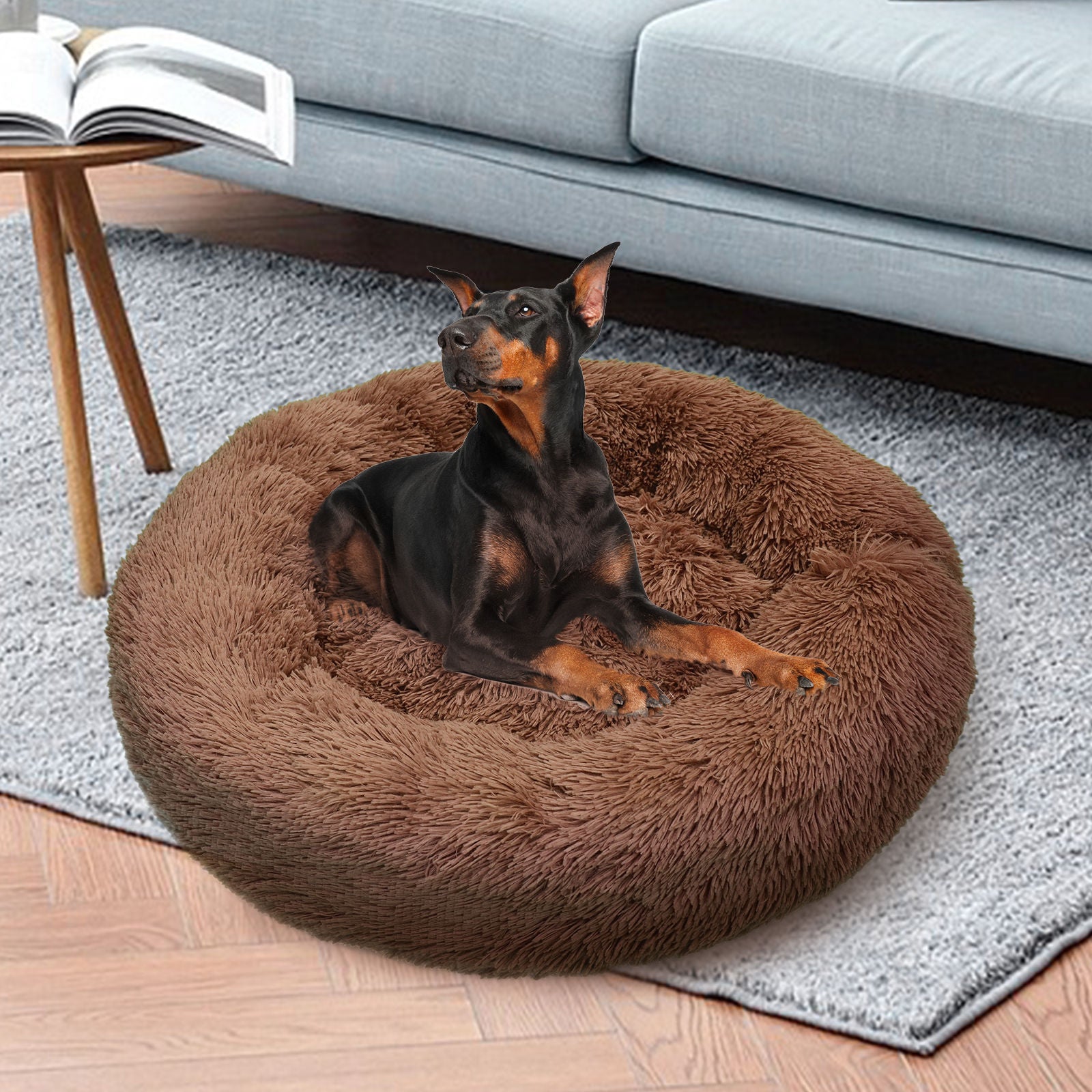 Pet Dog Bed Bedding Warm Plush Round Soft Dog Nest Light Coffee  XL 100cm Big Bedding Australia