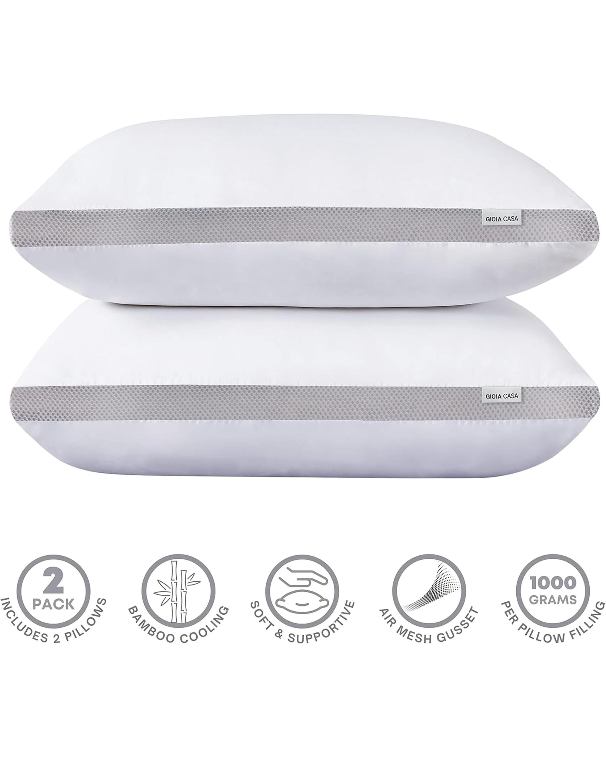Bamboo Cooling Pillows Twin Pack - Luxury Plush Down-Like Microfibre Pillows for Bedding - Ultra Soft, Comfy & Breathable Standard Pillows GIOIA CASA