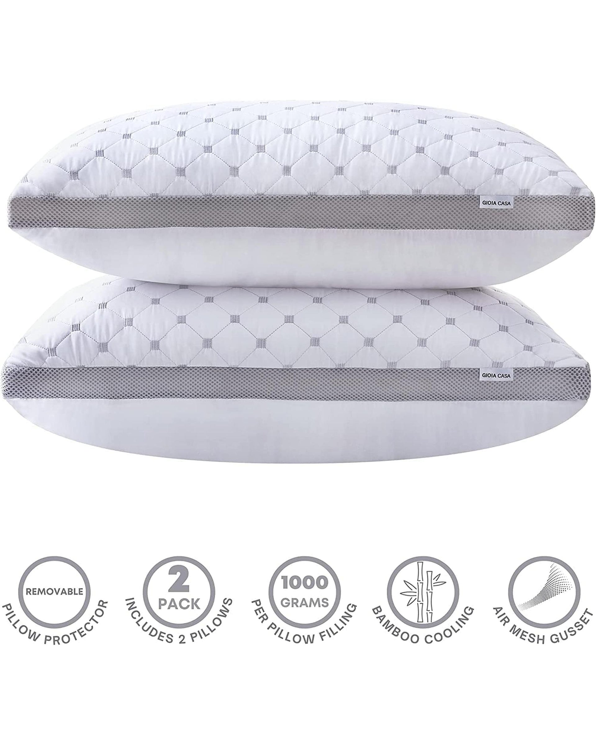 Premium Bamboo Cooling Twin Pack Plush Down-Like Pillows - Medium to High Profile (2PCS) - with Free 2 Quilted Pillow Protectors (Improved Version) GIOIA CASA