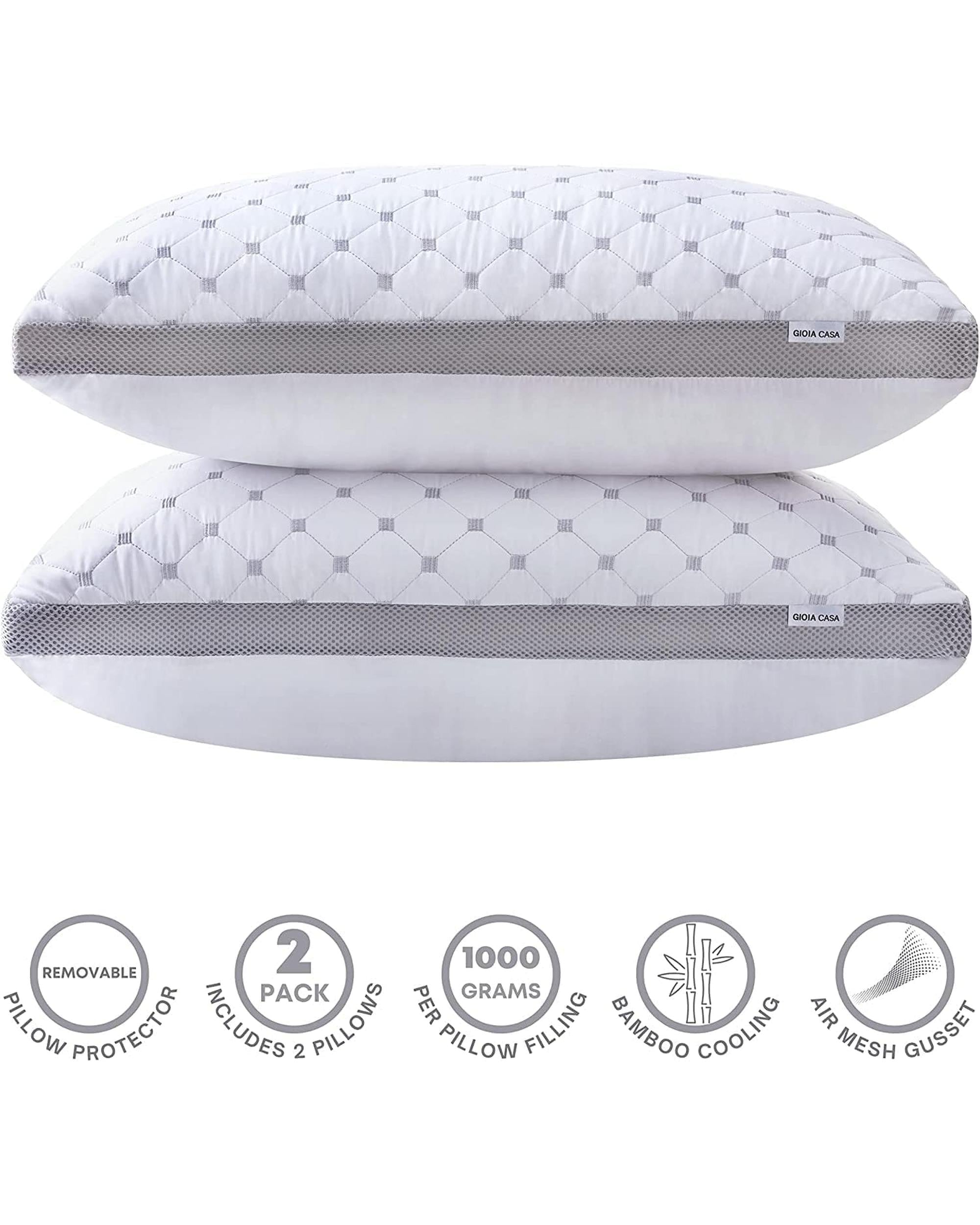 Premium Bamboo Cooling Twin Pack Plush Down-Like Pillows - Medium to High Profile (2PCS) - with Free 2 Quilted Pillow Protectors (Improved Version) GIOIA CASA