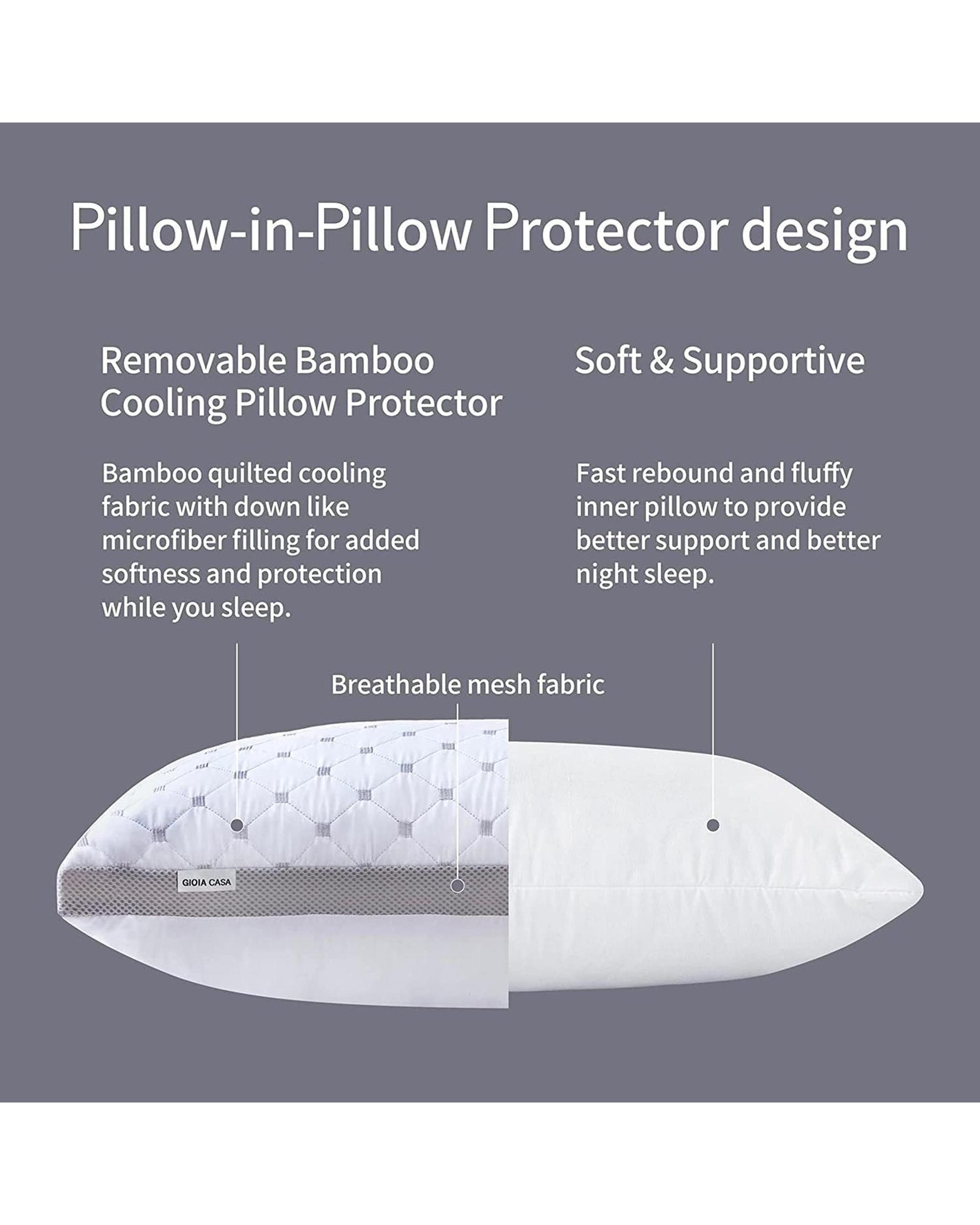 Premium Bamboo Cooling Twin Pack Plush Down-Like Pillows - Medium to High Profile (2PCS) - with Free 2 Quilted Pillow Protectors (Improved Version) GIOIA CASA