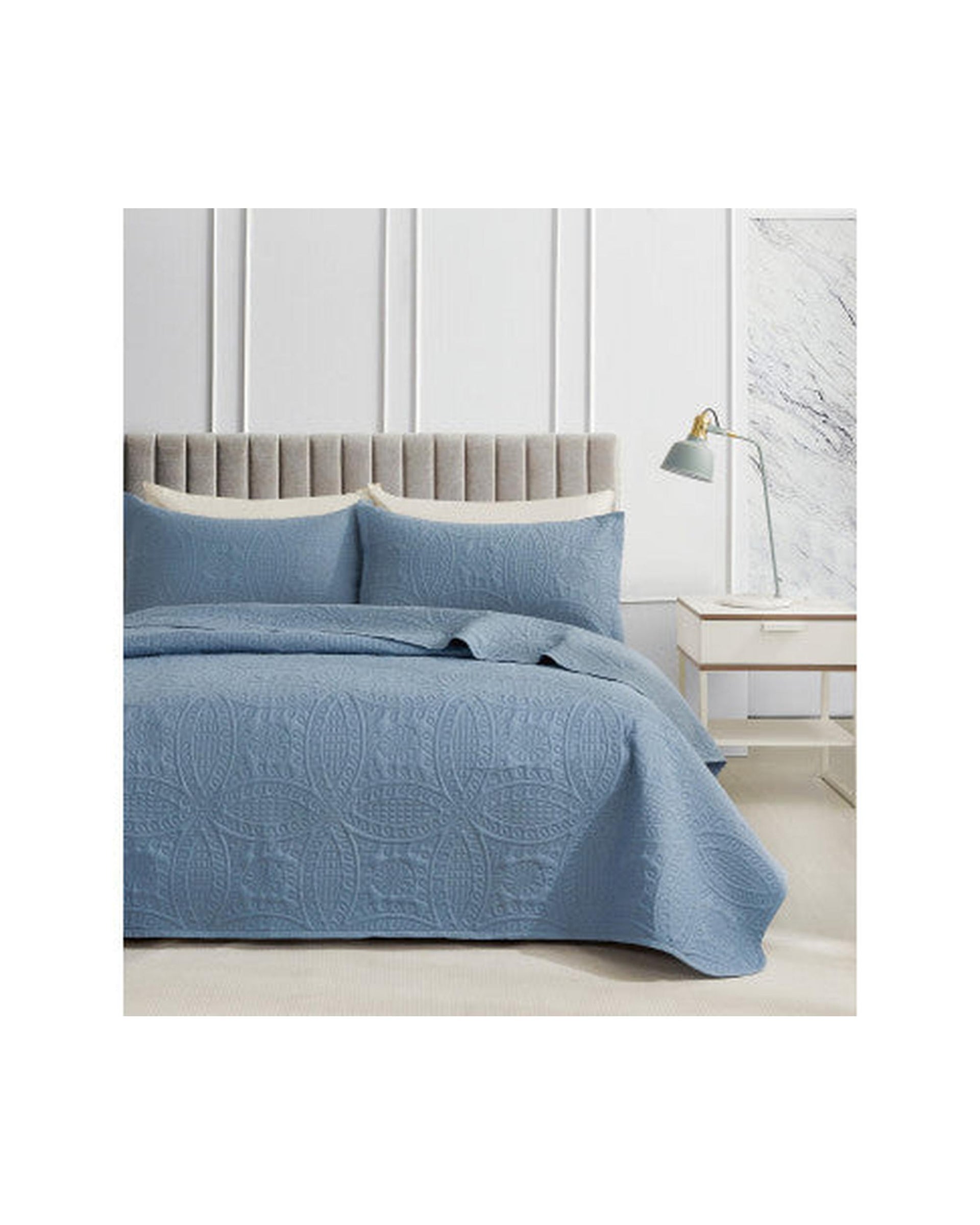 GIOIA CASA Lisbon Quilted 3 Pieces Embossed Coverlet Set - BLUE GIOIA CASA