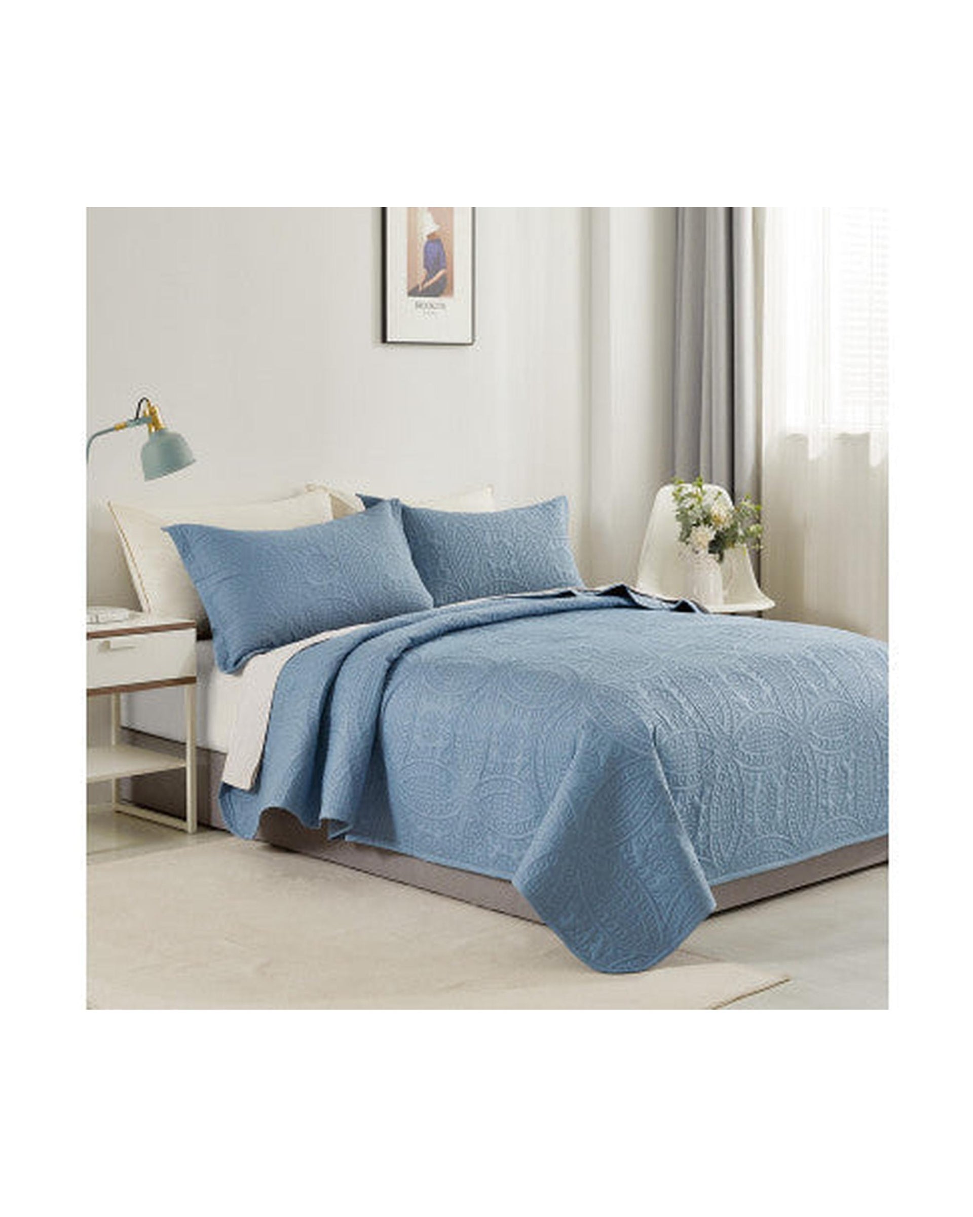 GIOIA CASA Lisbon Quilted 3 Pieces Embossed Coverlet Set - BLUE GIOIA CASA