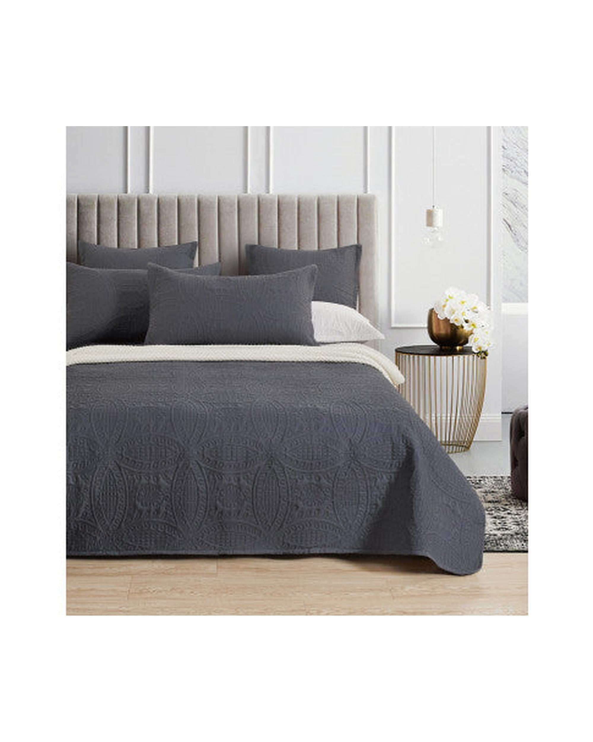 GIOIA CASA Lisbon Quilted 3 Pieces Embossed Coverlet Set - CHARCOAL Accessorize
