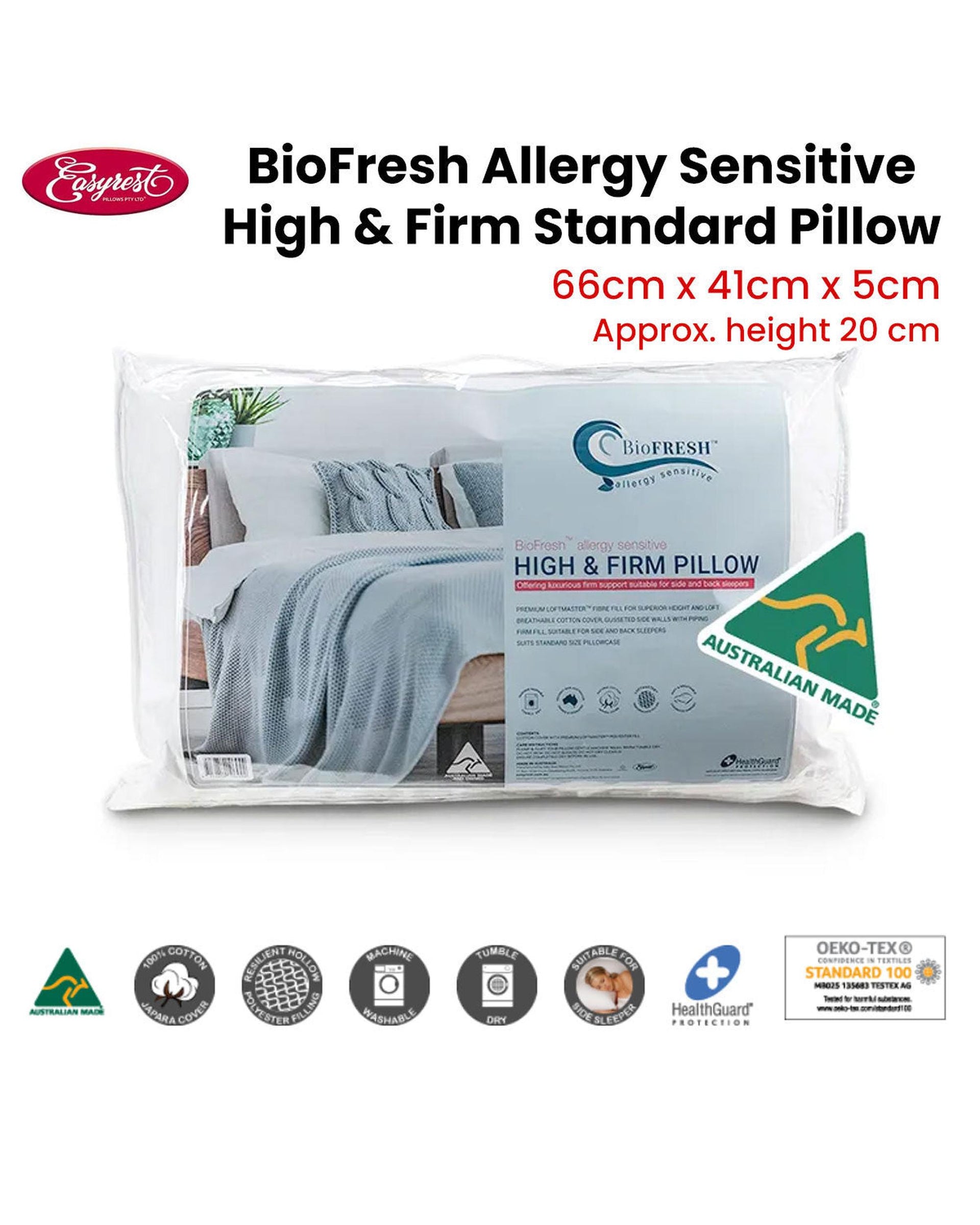 Easyrest BioFresh Allergy Sensitive High &amp; Firm Standard Pillow 66 x 41 x 5cm Big Bedding Australia