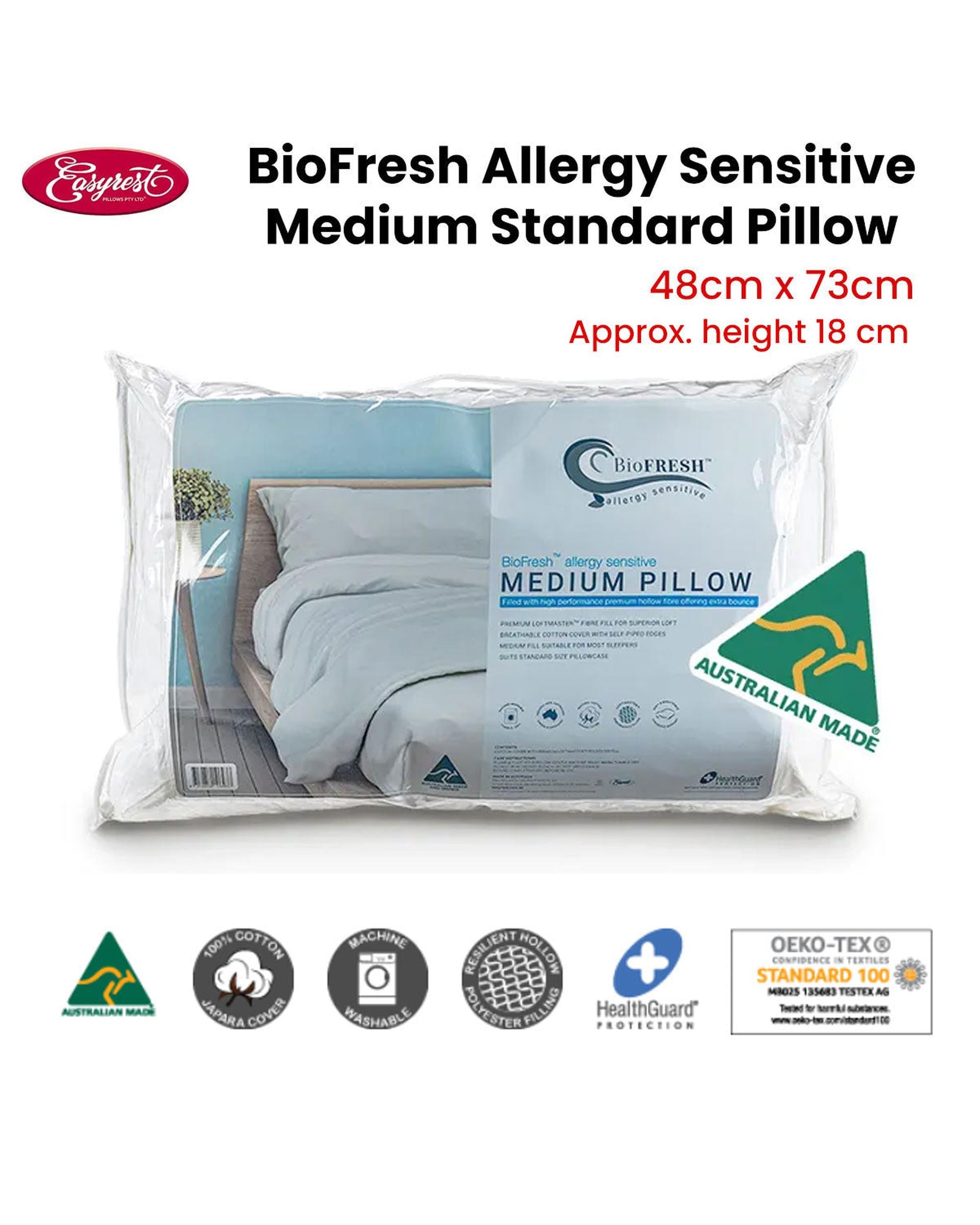 Easyrest BioFresh Allergy Sensitive Medium Standard Pillow 48 x 73 cm Big Bedding Australia