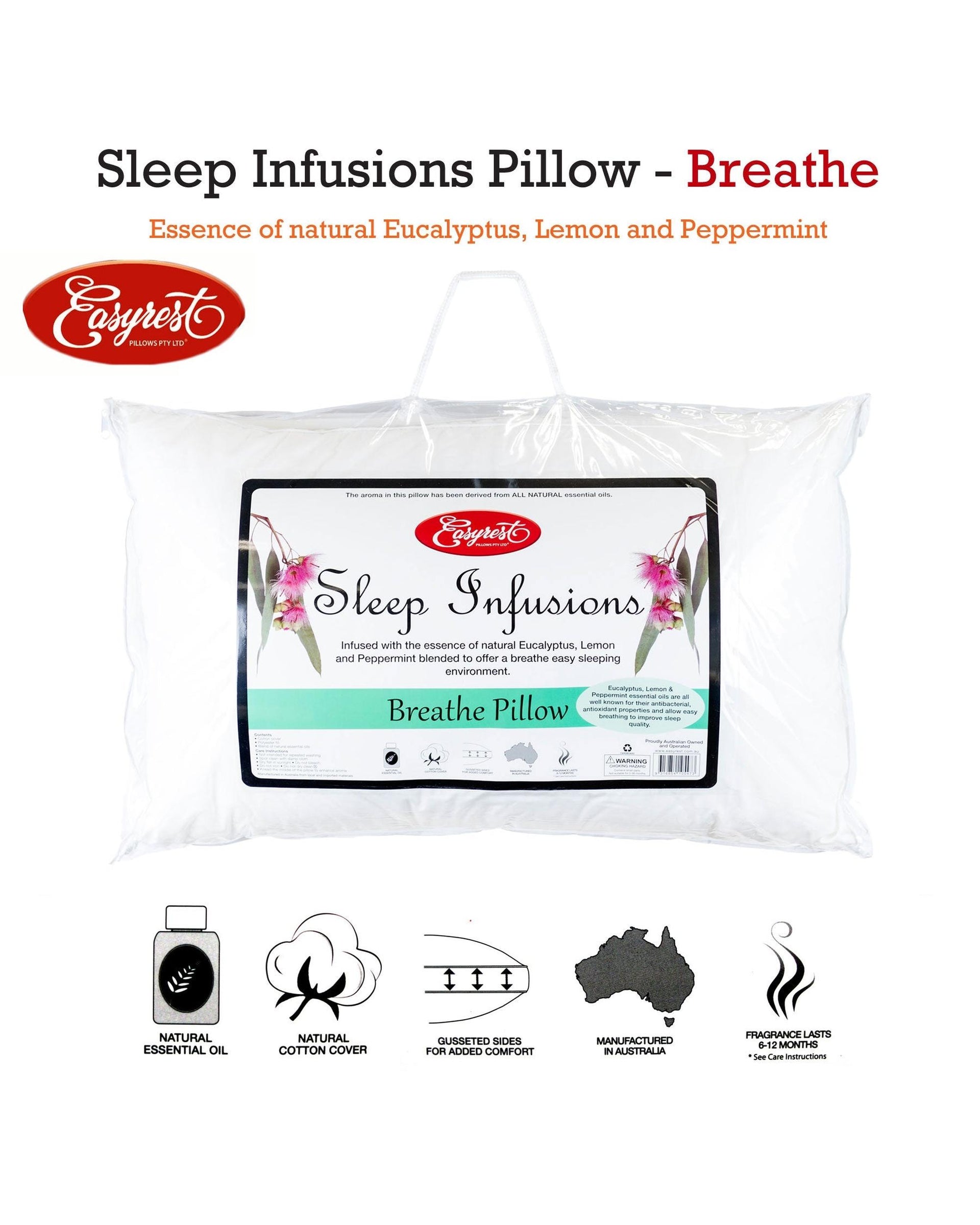 Easyrest Sleep Infusions Eucalyptus Lemon and Pepermint Breathe Standard Pillow Big Bedding Australia