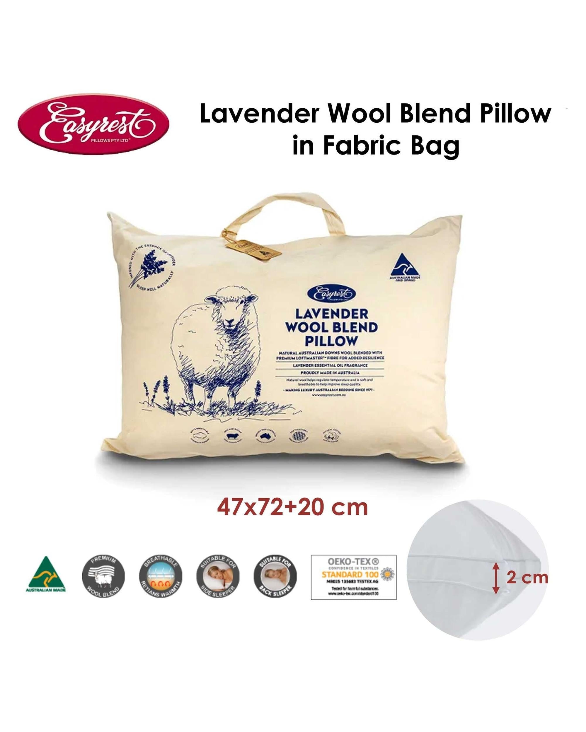 Easyrest Lavender Wool Blend Standard Pillow in Fabric Bag Big Bedding Australia