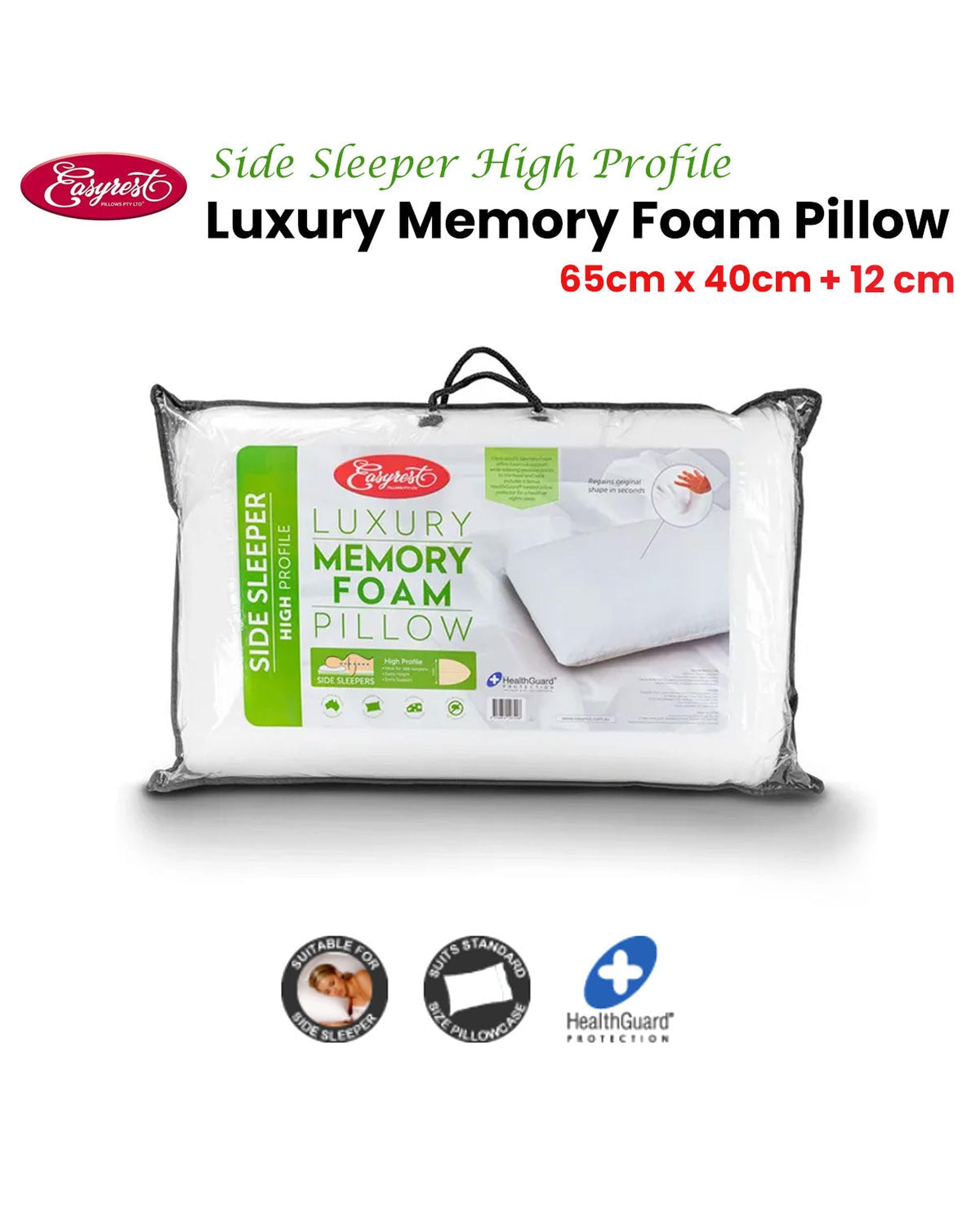 Easyrest Side Sleeper High Profile Luxury Memory Foam Pillow 65 x 40 + 12cm BONUS removable Cover Big Bedding Australia