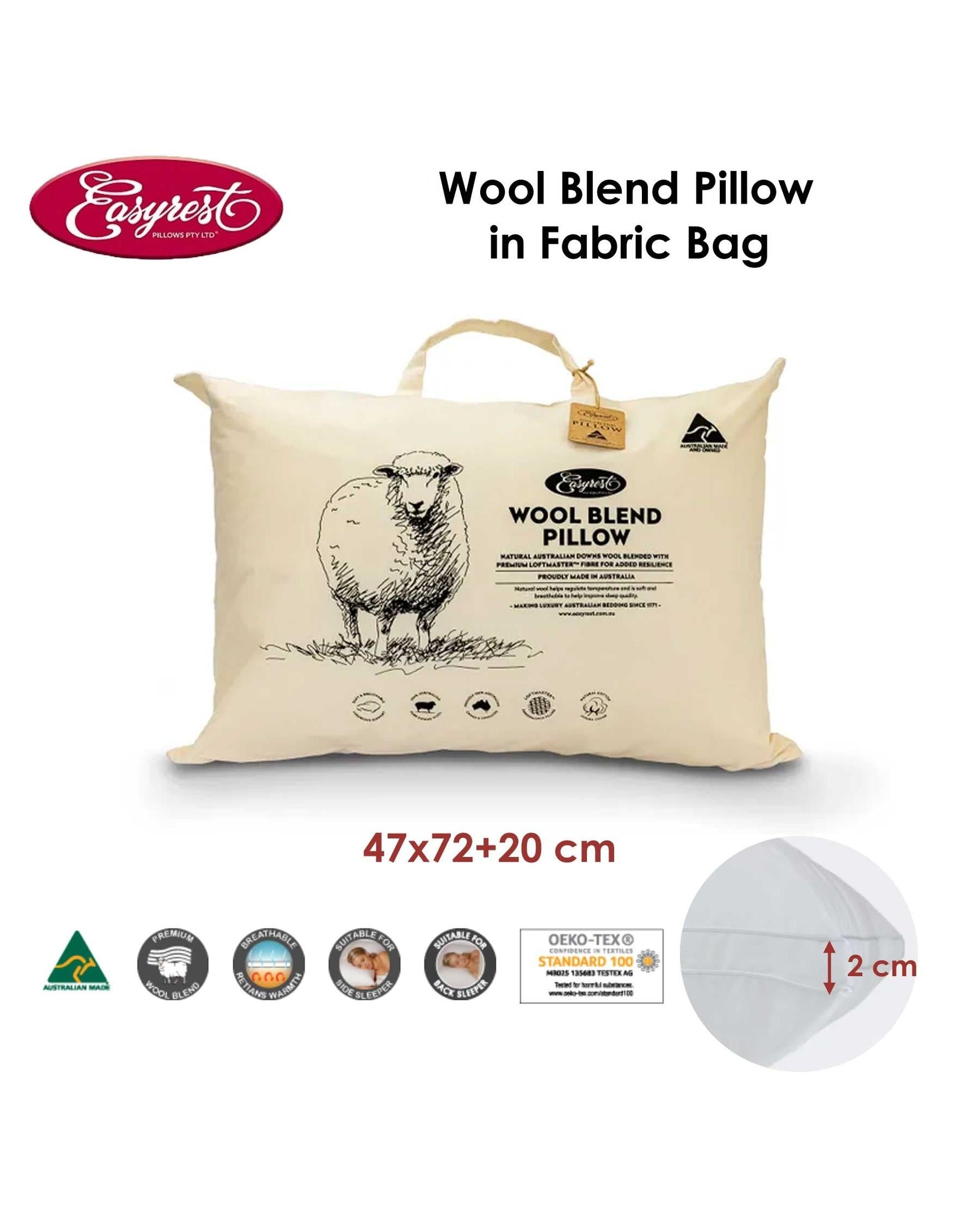 Easyrest Wool Blend Standard Pillow in Fabric Bag 47 x 72 + 20 cm Big Bedding Australia
