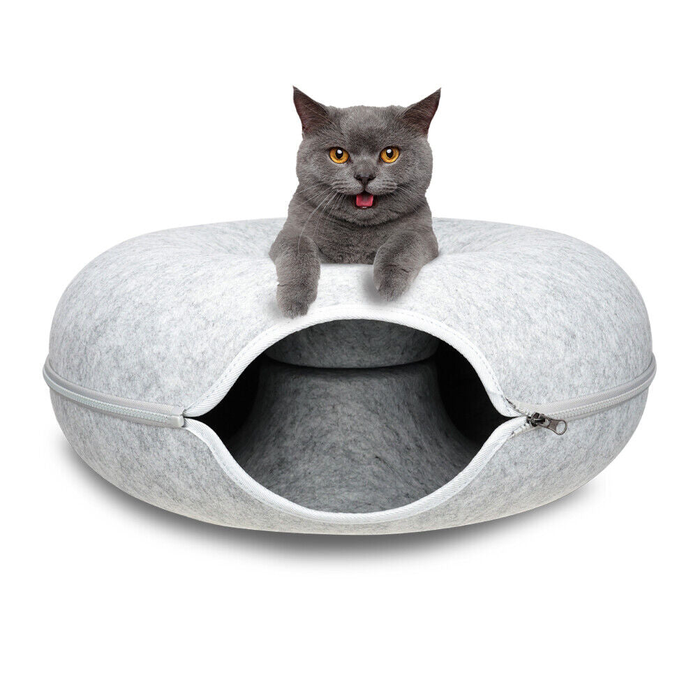 Medium Cat Tunnel Bed Light Grey Felt Pet Puppy Nest Cave House Interactive Toy Big Bedding Australia