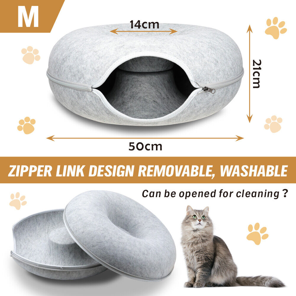 Medium Cat Tunnel Bed Light Grey Felt Pet Puppy Nest Cave House Interactive Toy Big Bedding Australia