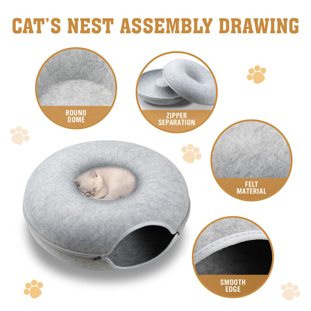 Medium Cat Tunnel Bed Light Grey Felt Pet Puppy Nest Cave House Interactive Toy Big Bedding Australia