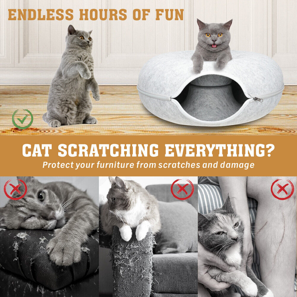 Medium Cat Tunnel Bed Light Grey Felt Pet Puppy Nest Cave House Interactive Toy Big Bedding Australia