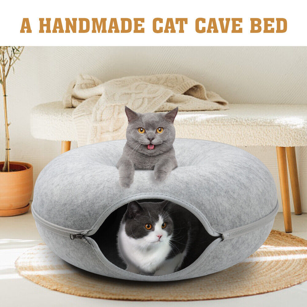 Medium Cat Tunnel Bed Light Grey Felt Pet Puppy Nest Cave House Interactive Toy Big Bedding Australia