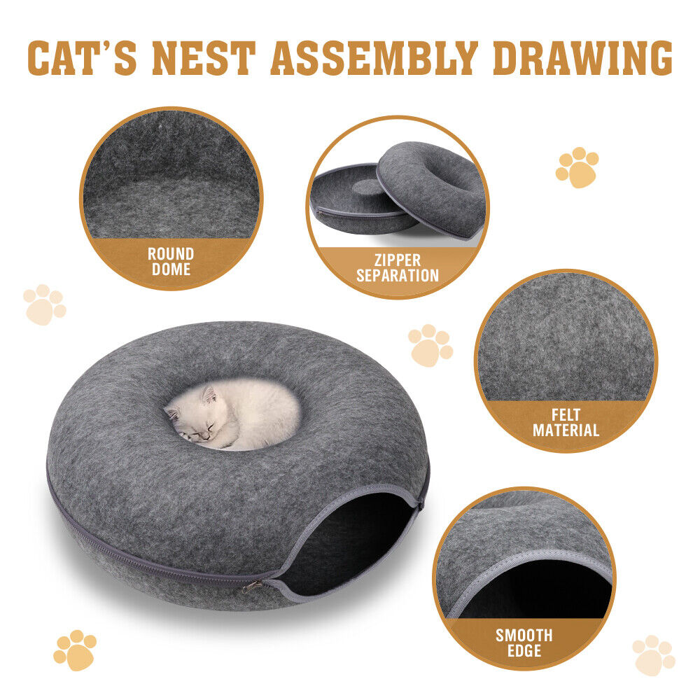 Dark Grey Cat Tunnel Bed Felt Pet Puppy Nest Cave House Toy Washable Detachable Big Bedding Australia
