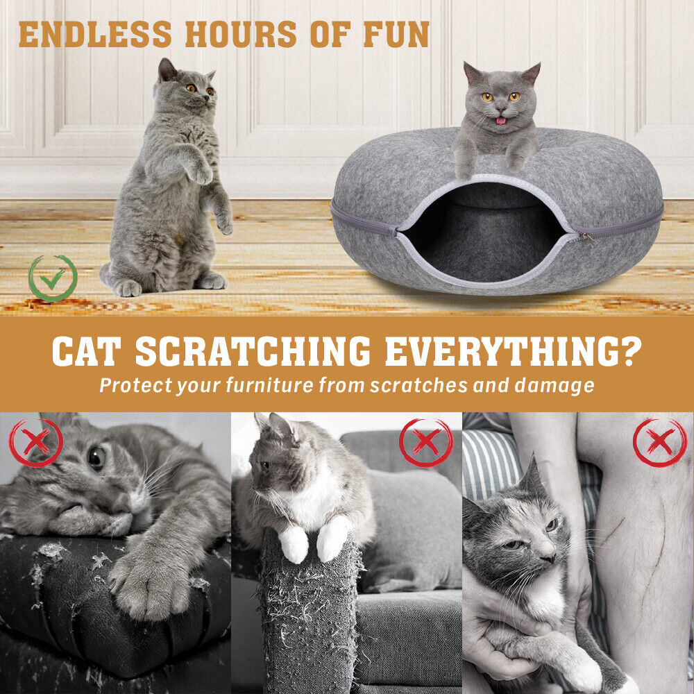 Dark Grey Cat Tunnel Bed Felt Pet Puppy Nest Cave House Toy Washable Detachable Big Bedding Australia