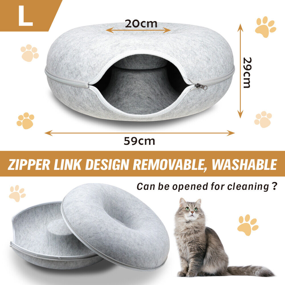 59 x 29cm Cat Tunnel Bed Dark Grey Felt Pet Puppy Nest Cave Toy Light Grey Big Bedding Australia