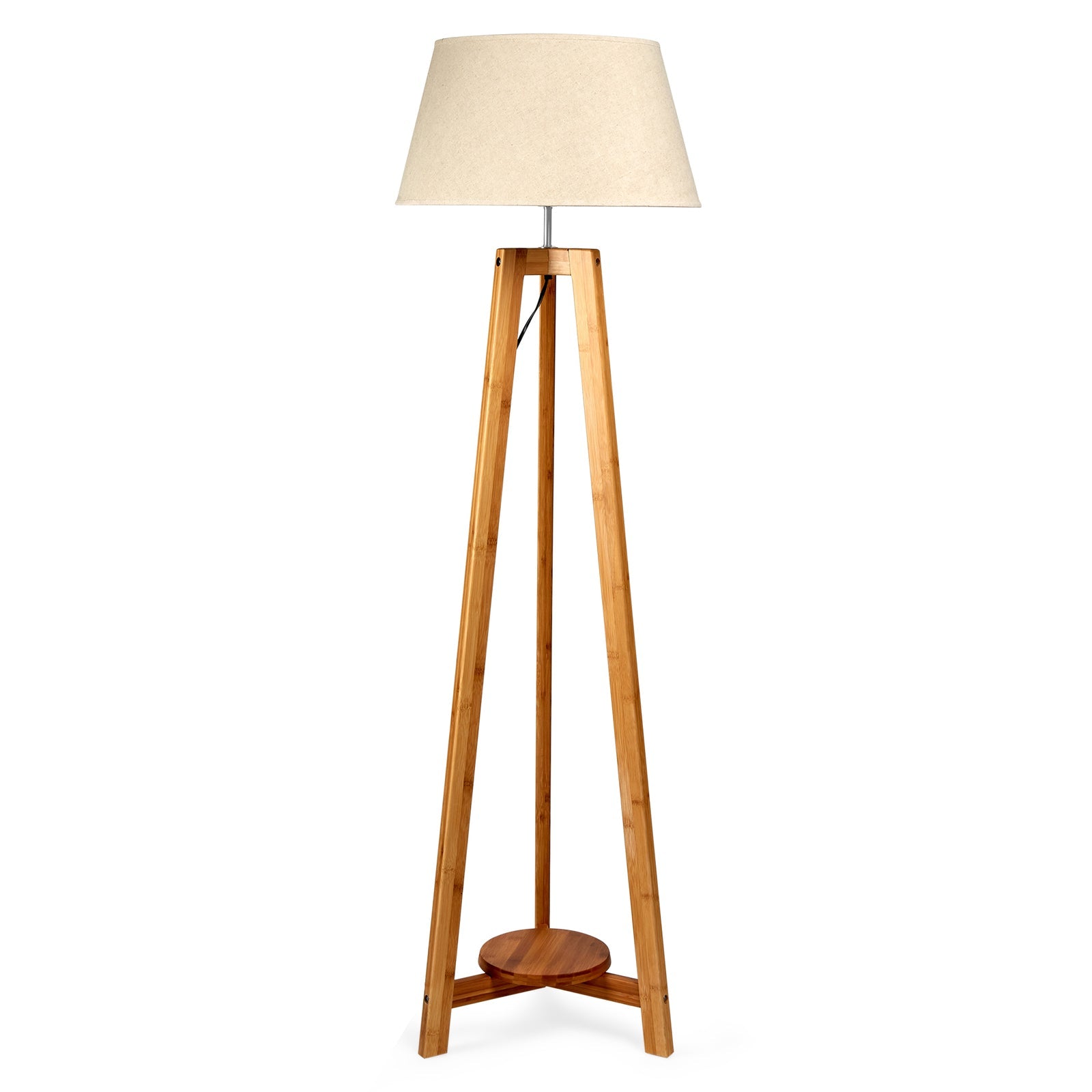 155cm Large Bamboo Wooden Tripod Floor Lamp w Beige Linen Light Shade Big Bedding Australia