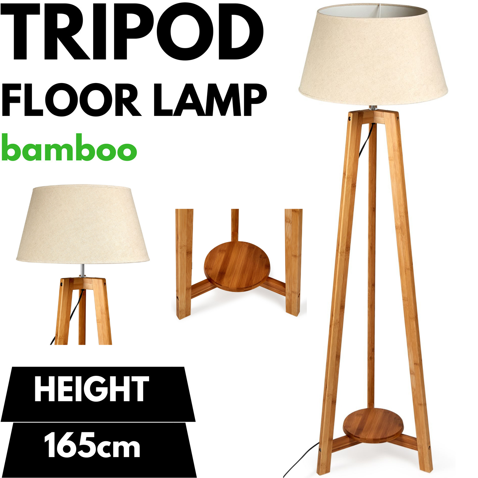 155cm Large Bamboo Wooden Tripod Floor Lamp w Beige Linen Light Shade Big Bedding Australia