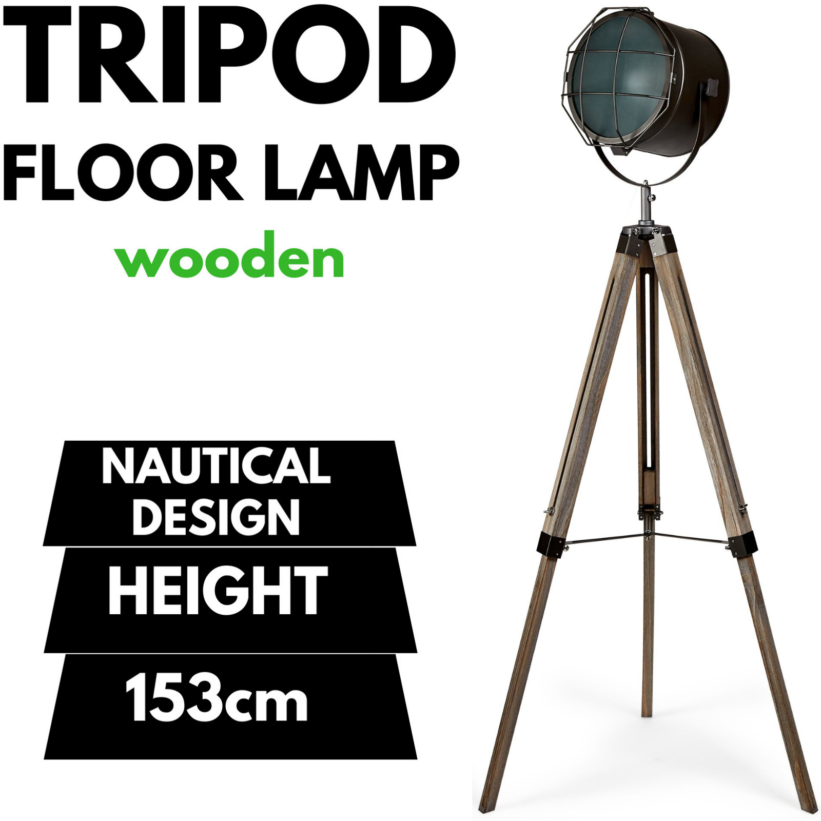 153cm Nautical Tripod Floor Lamp w Matte Grey Lamp Head Searchlight Spot Light Big Bedding Australia