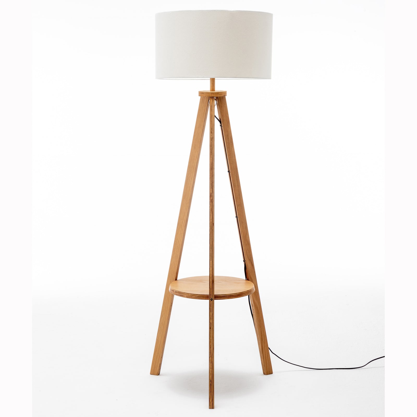 Natural Wooden Tripod Floor Lamp w/ Round Wood Shelf + Off White Linen Shade Big Bedding Australia