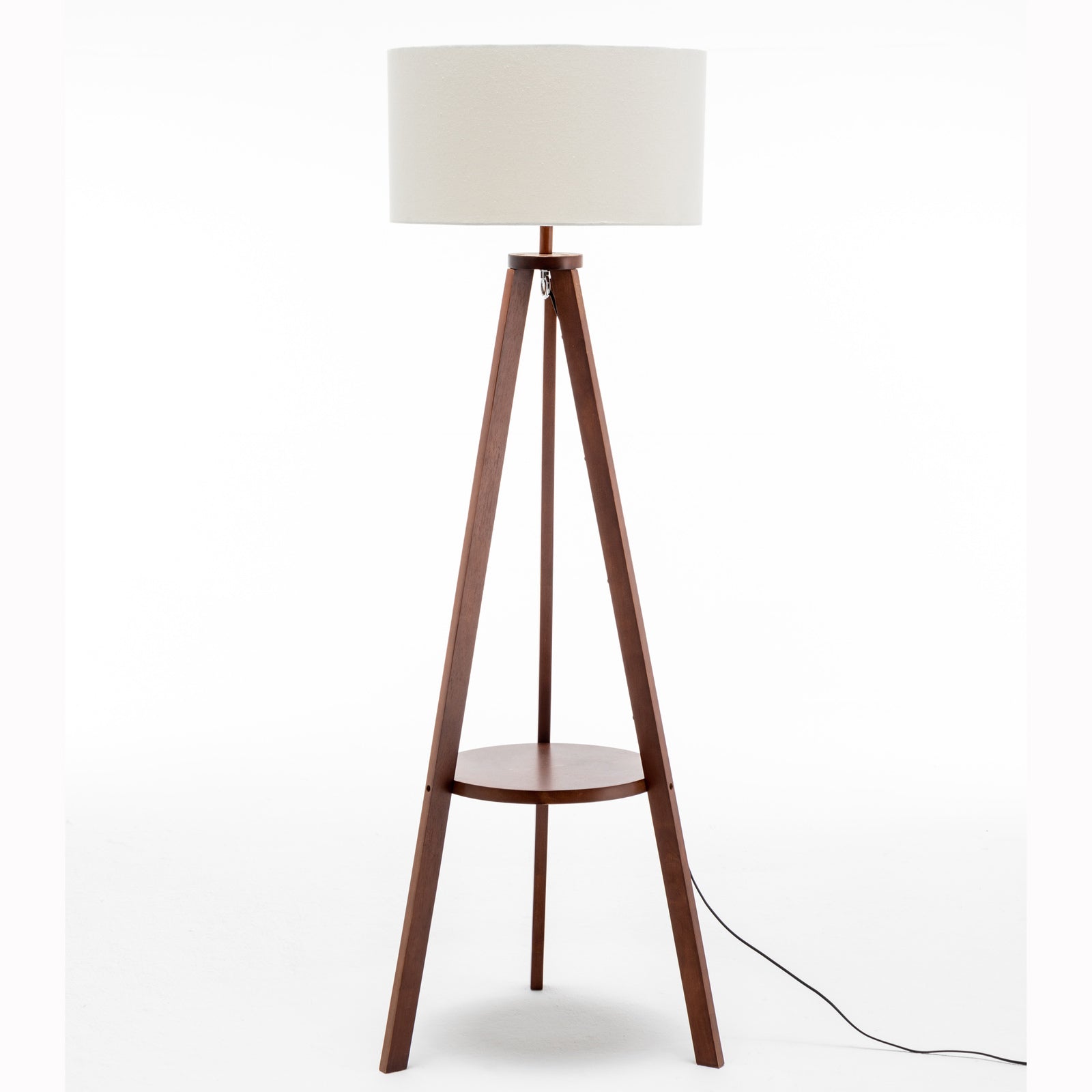 Natural Wooden Tripod Floor Lamp w/ Round Shelf + Off White Linen Shade - Cherry Big Bedding Australia