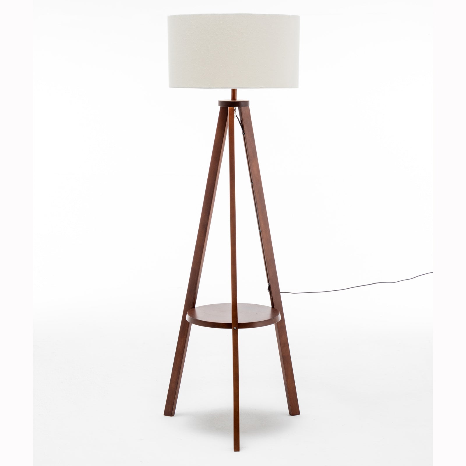 Natural Wooden Tripod Floor Lamp w/ Round Shelf + Off White Linen Shade - Cherry Big Bedding Australia