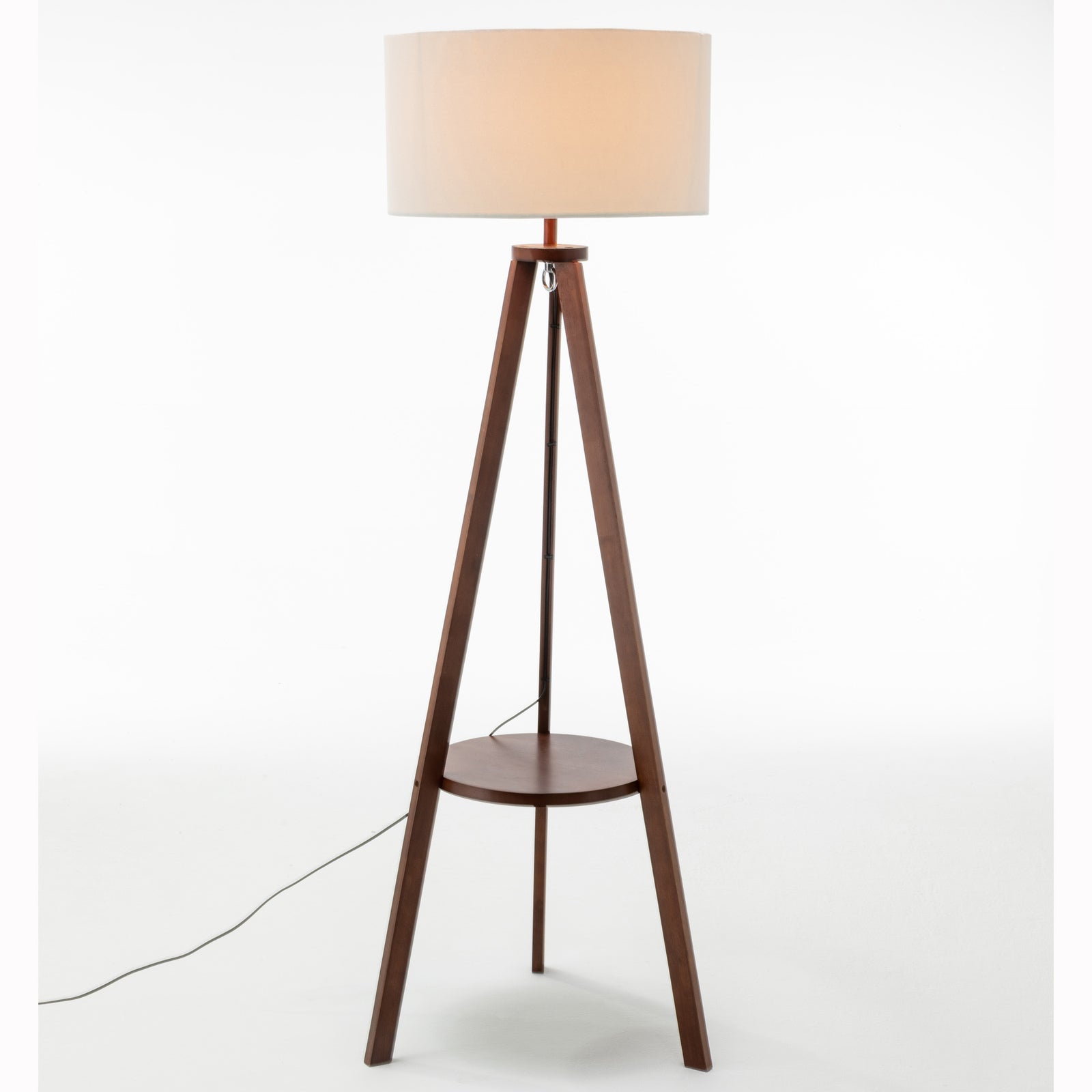 Natural Wooden Tripod Floor Lamp w/ Round Shelf + Off White Linen Shade - Cherry Big Bedding Australia