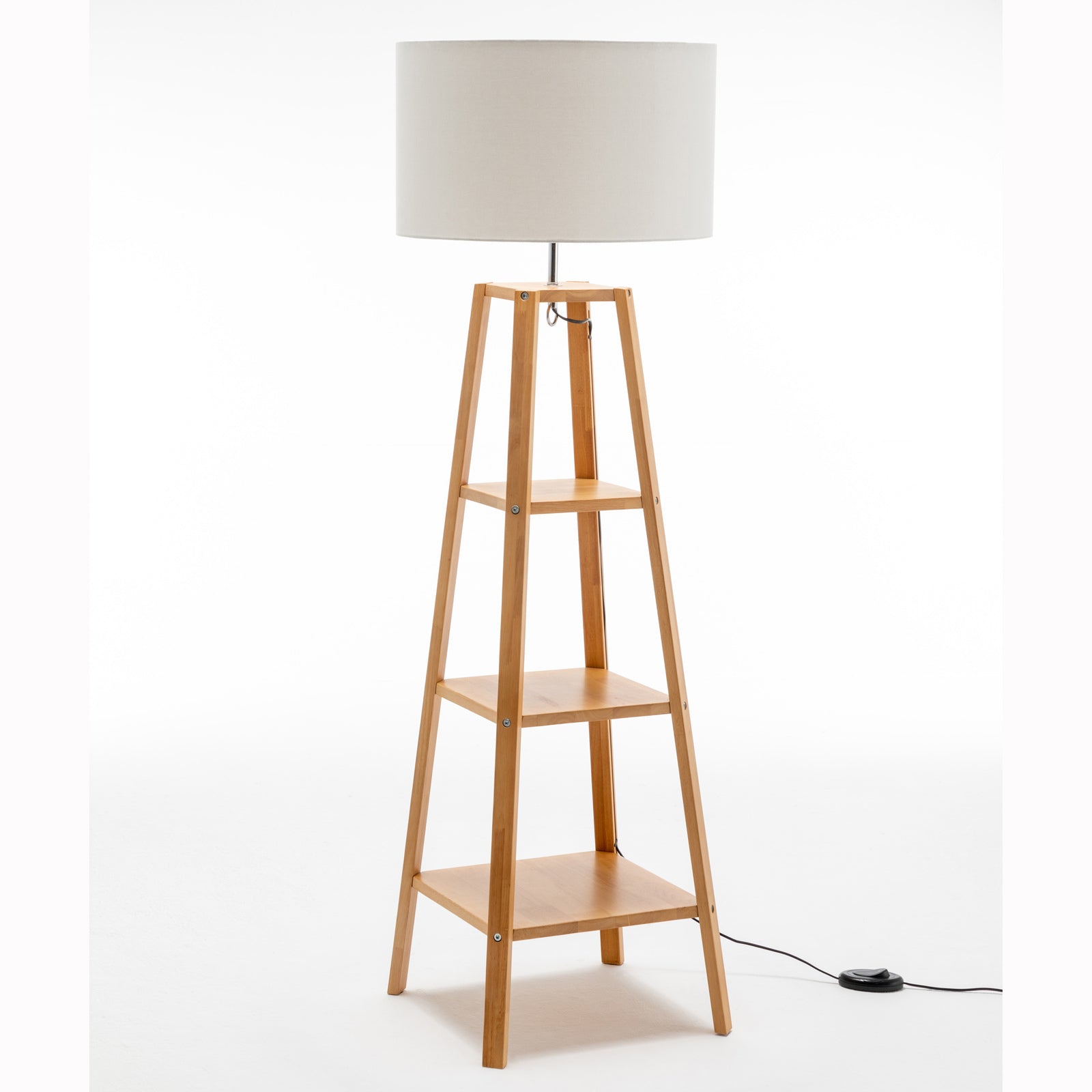 Eiffel 3 Tier Natural Wood Floor Lamp w/ Storage Shelves + Off White Linen Shade Big Bedding Australia