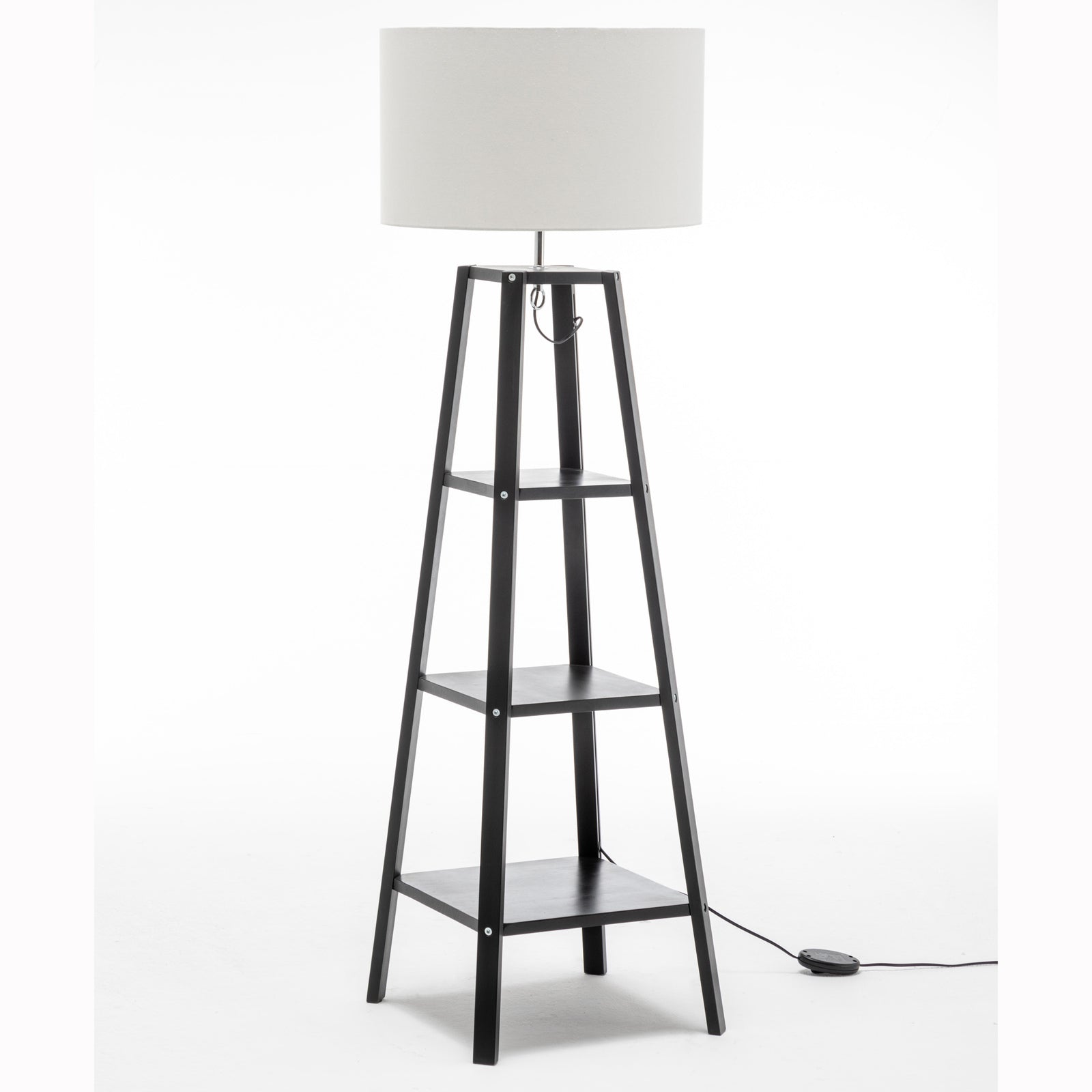 Eiffel 3 Tier Natural Wood Floor Lamp w/ Storage Shelves + Off White Linen Shade Big Bedding Australia