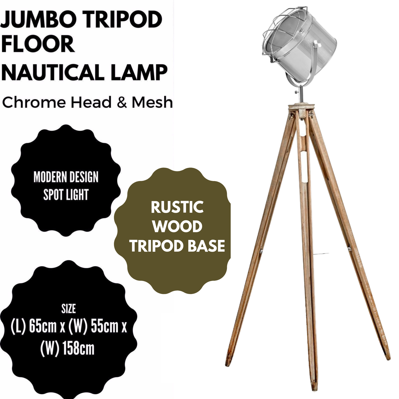 Nautical Tripod Floor Lamp Search Light Modern Chrome Head with Mesh Big Bedding Australia