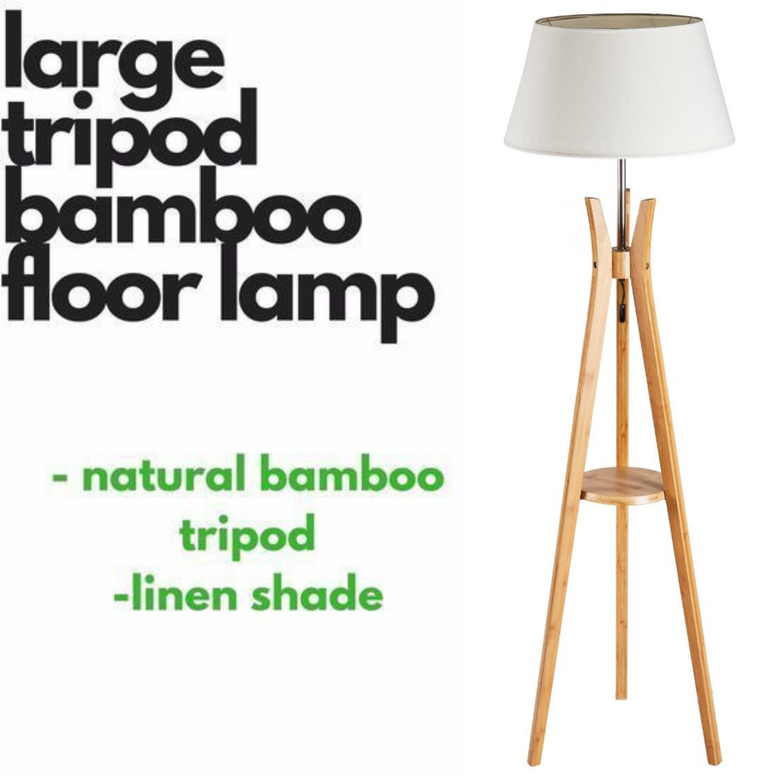 LARGE BAMBOO TRIPOD FLOOR LAMP Linen Shade Modern Light Vintage Wooden Scandi Big Bedding Australia
