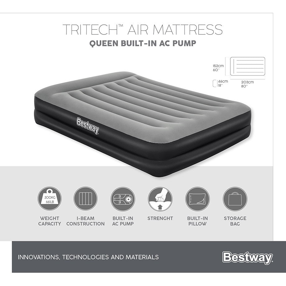 Bestway 2.03m x 1.52m x 46cm Tritech Air Mattress Queen Built-in AC pump Bestway