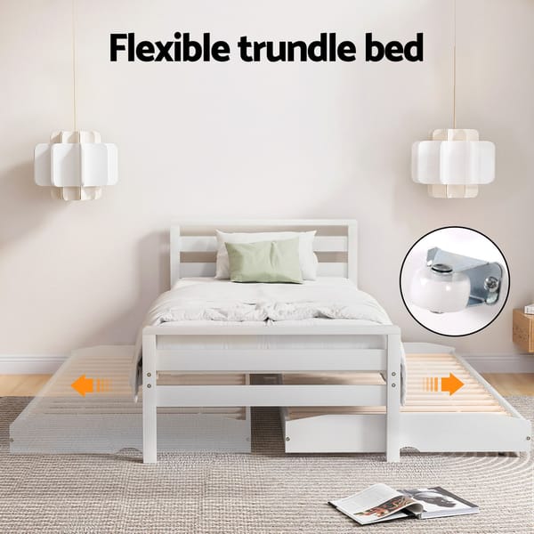 Bed Frame Single Size 2-in-1 Trundle Wooden White AVIS