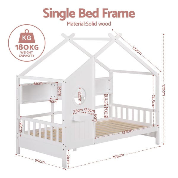 Kids Single Bed Frame House Bed Solid Wood Montessori Bed for Toddler White