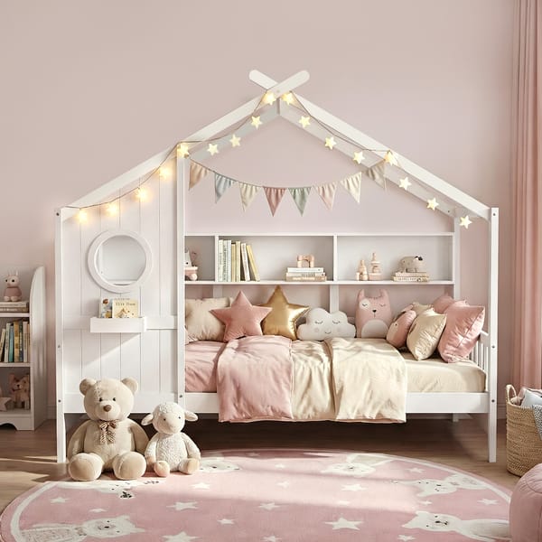 Kids Single Bed Frame House Bed Solid Wood Montessori Bed for Toddler White