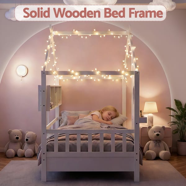 Kids Single Bed Frame House Bed Solid Wood Montessori Bed for Toddler White