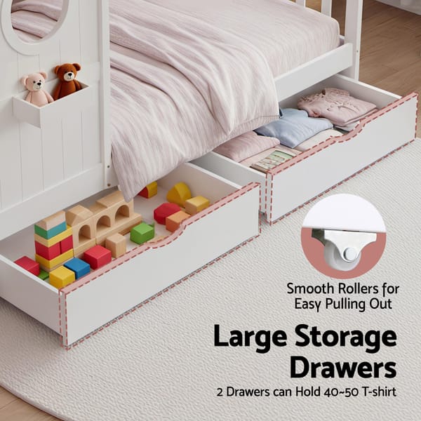 Kids Single Bed Frame with 3 Storage Bookcase & 2 Drawers House Bed Solid Wood Montessori Bed Easy Assembly White