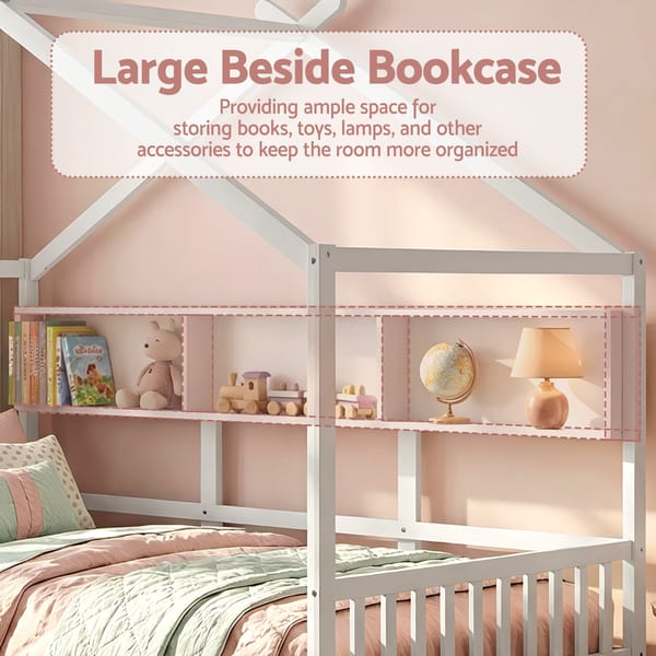 Kids Single Bed Frame with 3 Storage Bookcase & 2 Drawers House Bed Solid Wood Montessori Bed Easy Assembly White