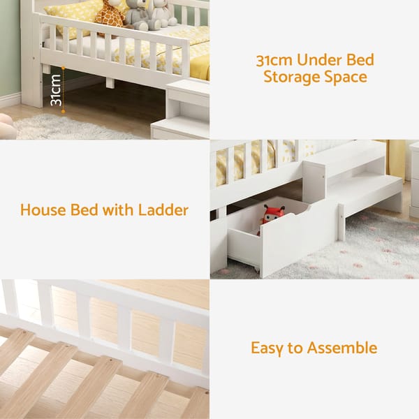 Single Bed Frame with 2 Storage Drawers, Montessori Bed with Headboard, 2 USB Ports & Led Light, Solid Wood Platform Bed Base with Safety Rail & Ladder, 31CM Under-Bed Storage, White