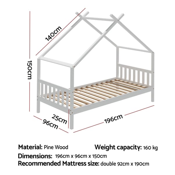 Bed Frame Wooden Base Kids Single Timber House Beds White