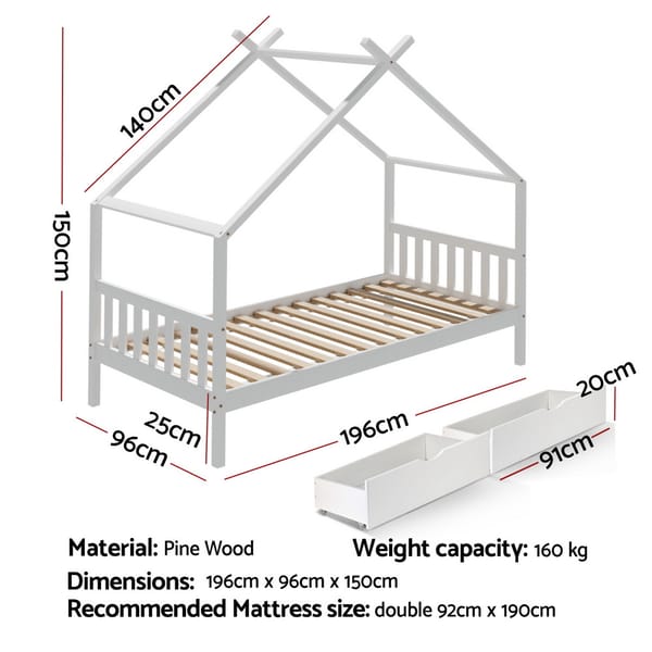 Bed Frame Wooden Base Kids Single Timber House  with 2 Storage Drawers Beds White