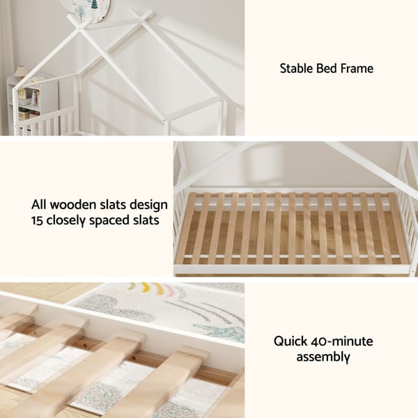Bed Frame Wooden Base Kids Single Timber House  with 2 Storage Drawers Beds White