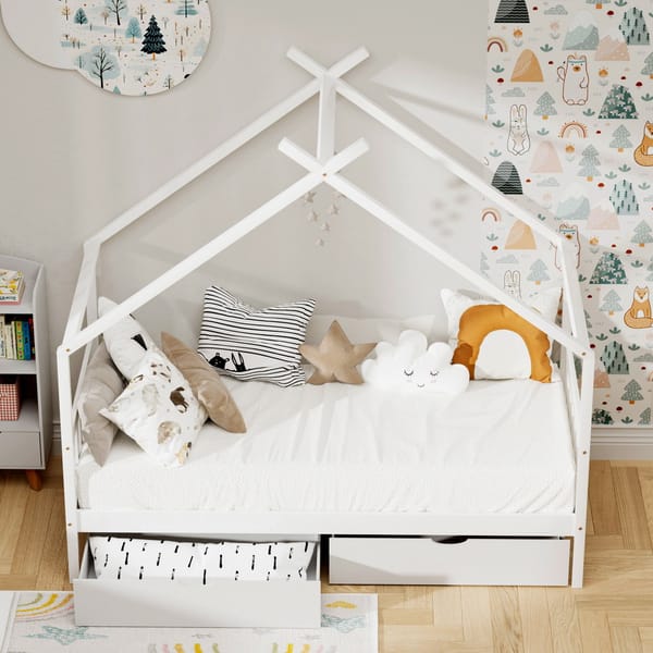Bed Frame Wooden Base Kids Single Timber House  with 2 Storage Drawers Beds White