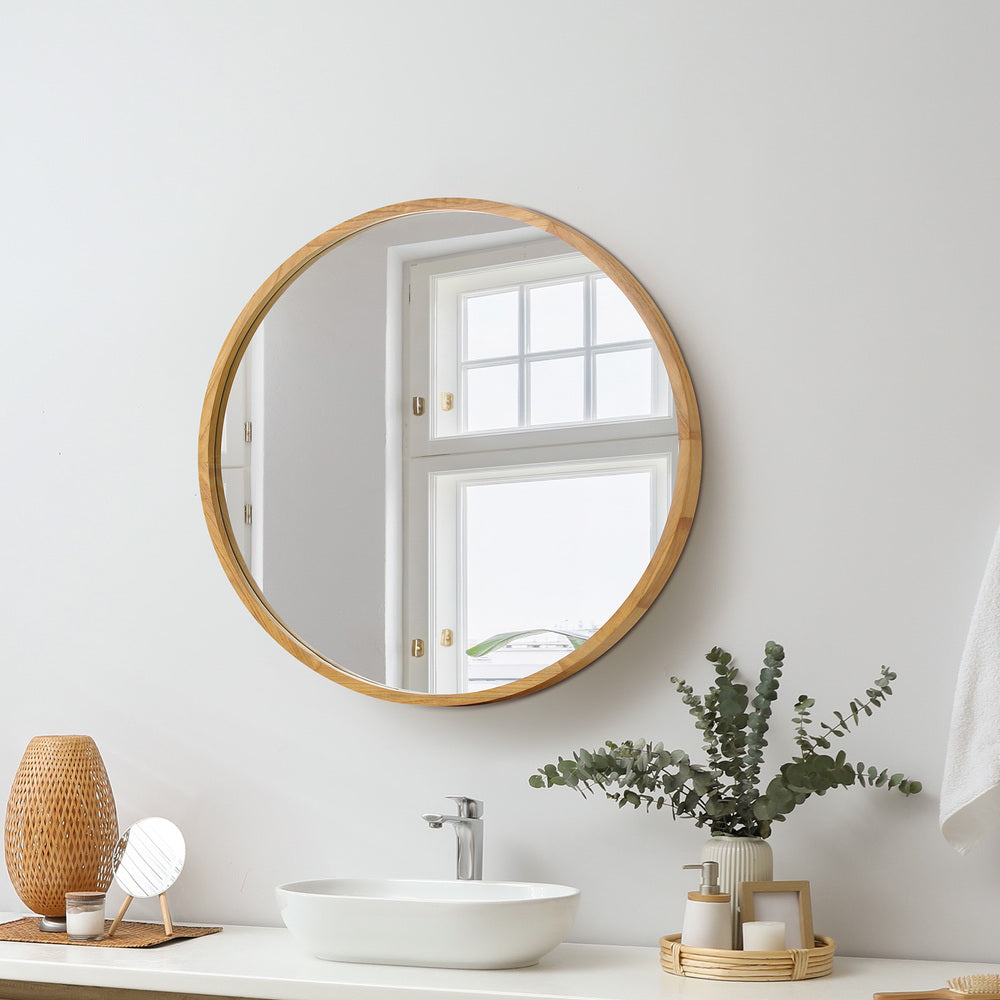 Round Wall Mounted Mirror with Wood Frame 50cm